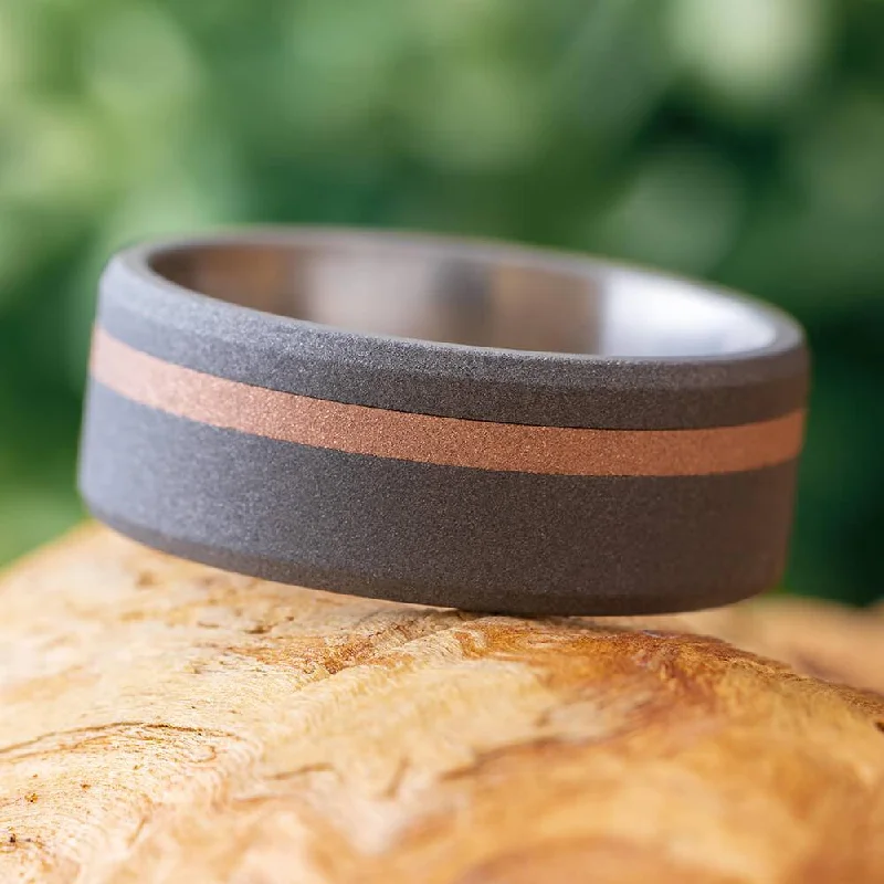 women's heart rings-Sandblasted Titanium Wedding Band with Rose Gold Pinstripe