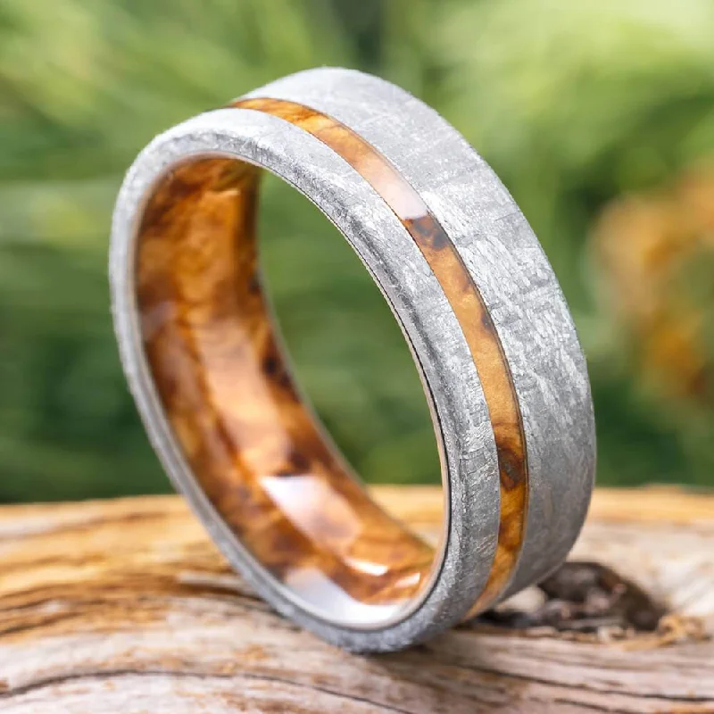 women's eco-friendly rings-Men's Meteorite Wedding Band with Black Ash Burl Wood