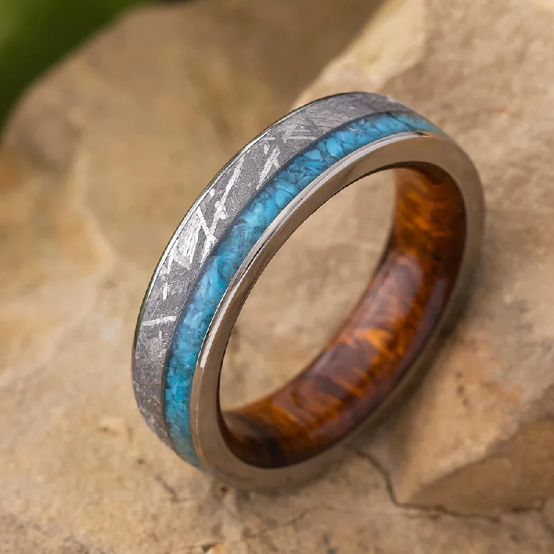 women's romantic rings-Turquoise Wedding Band With Meteorite And Ironwood Sleeve