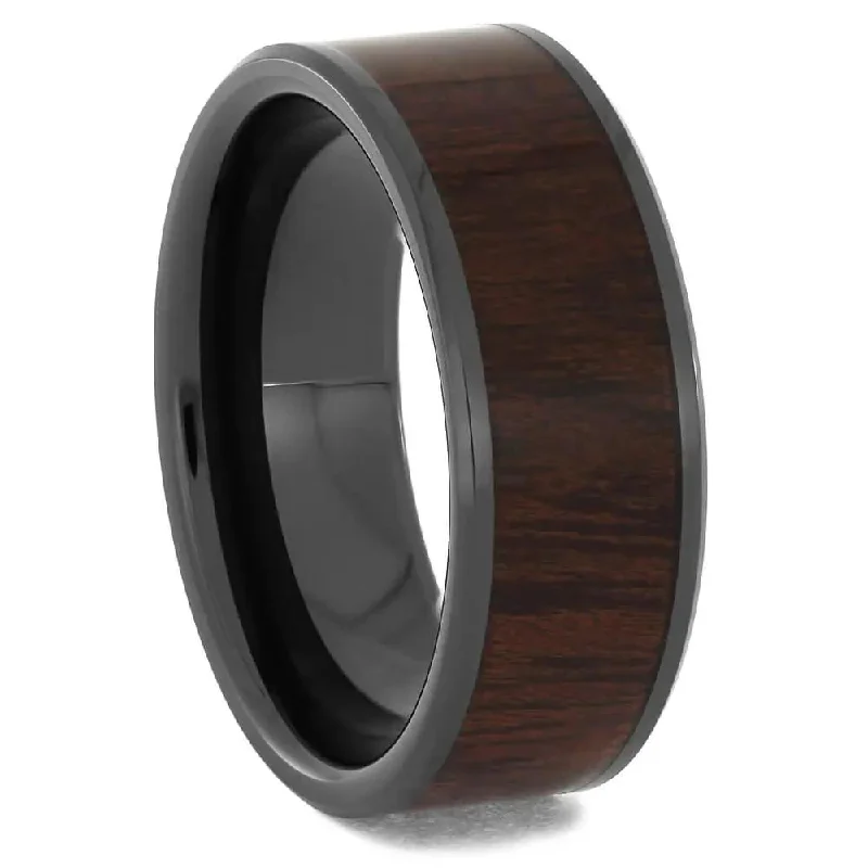 women's personalized engagement rings-Beveled Black Ceramic Wedding Band Inlaid With Bloodwood