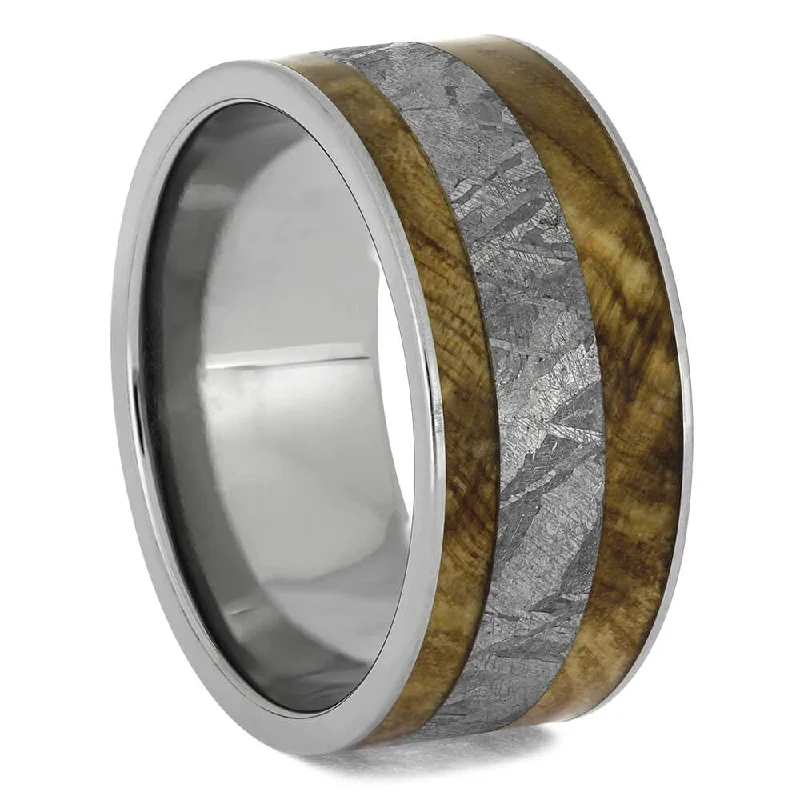 women's statement engagement rings-Thick Men's Wedding Band With Black Ash Burl & Meteorite