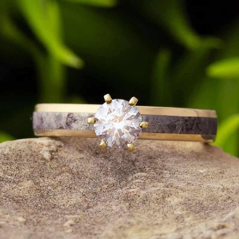 women's gold engagement rings-Solitaire Moissanite & Meteorite Engagement Ring