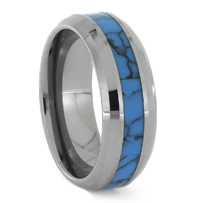 women's elegant engagement rings-Beveled Tungsten Wedding Band with Turquoise