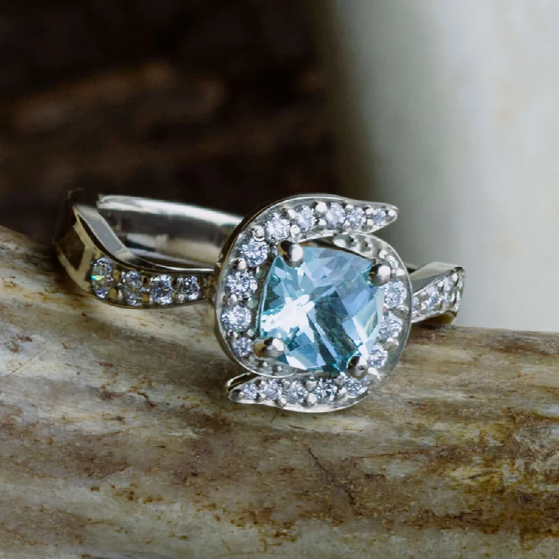 women's glamorous engagement rings-Aquamarine Halo Engagement Ring with Antler Inlay