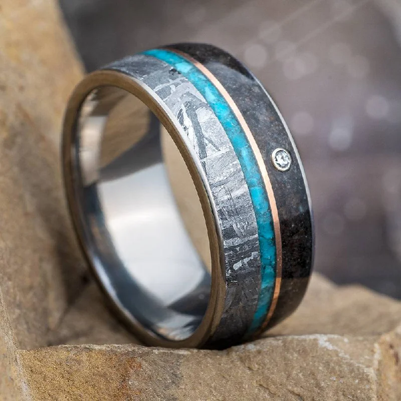 women's stacked rings-Diamond Wedding Band with Meteorite & Dinosaur Bone