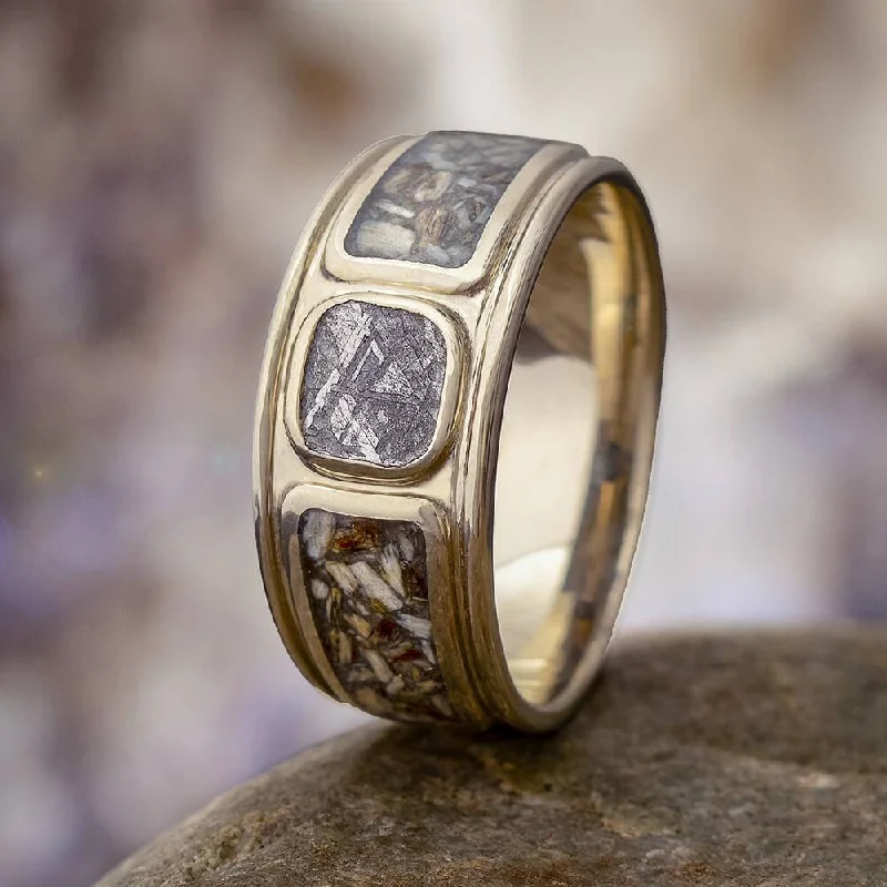 women's hidden halo engagement rings-Meteorite Engagement Ring with Dinosaur Bone and Wide Design