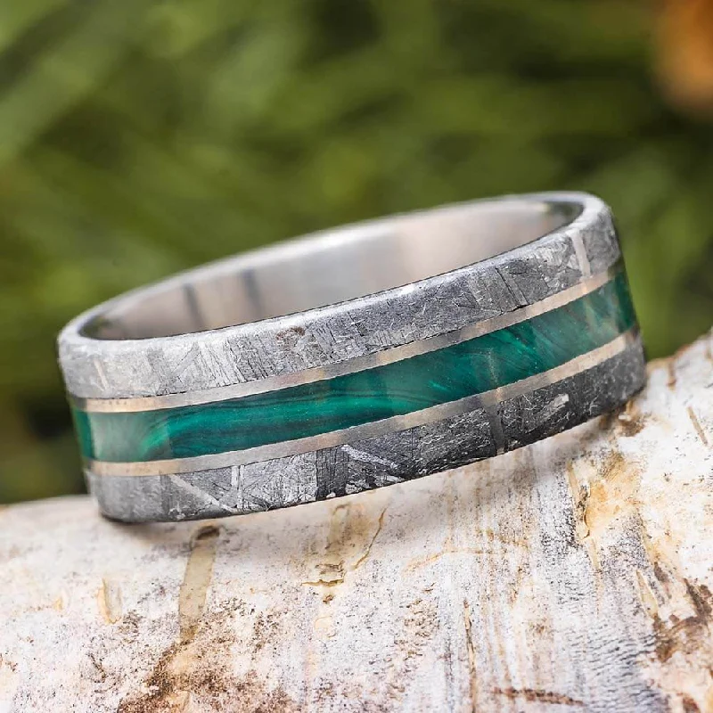 women's celestial rings-Malachite and Meteorite Men's Wedding Band, Green Ring for Man