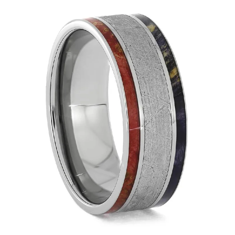 women's platinum engagement rings-Meteorite Wedding Band with Red and Purple Wood