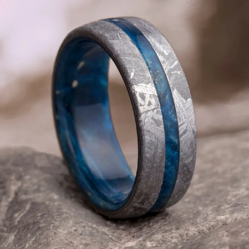 women's pear shaped engagement rings-Blue Men's Ring With Gibeon Meteorite, Colorful Wedding Band