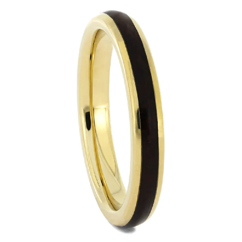 women's marquise engagement rings-Thin Yellow Gold Wedding Band Inlaid with Natural Redwood