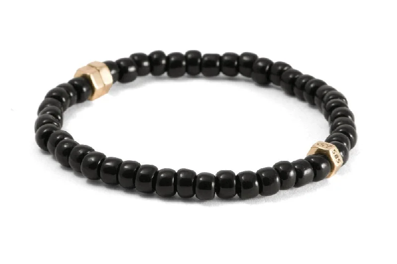 women's platinum bracelets-#153 - Men’s beaded Nut bracelet black - GOLD