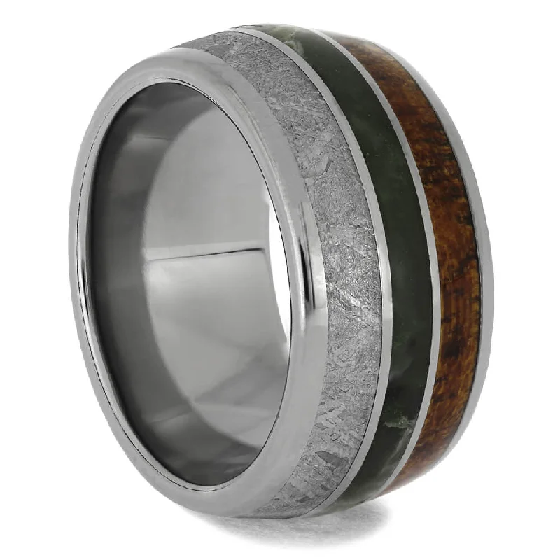 women's heirloom engagement rings-Jade, Meteorite, and Koa Wood Wedding Band