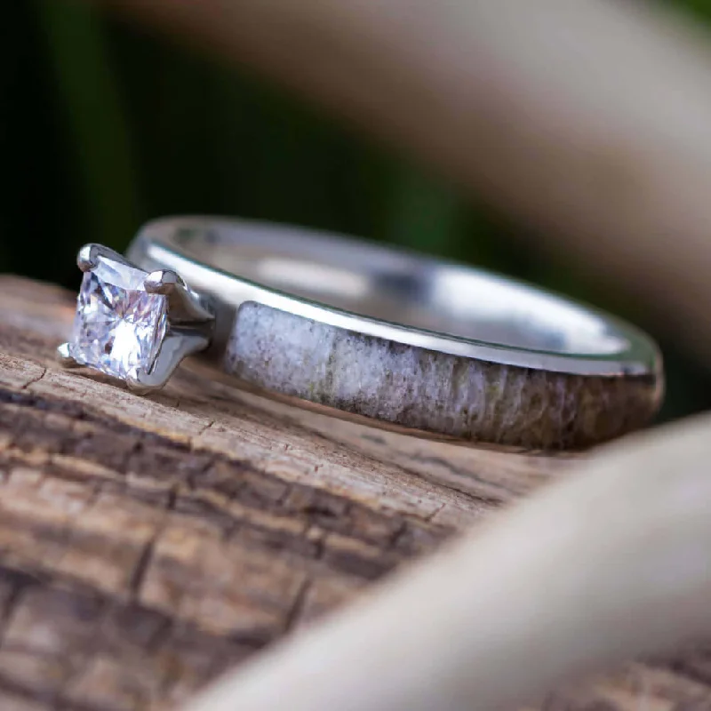 women's handcrafted engagement rings-Deer Antler Engagement Ring With Princess Cut Moissanite