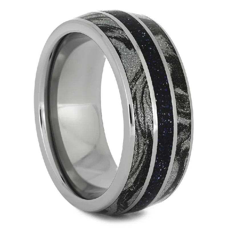 women's princess cut engagement rings-Blue Goldstone Wedding Band with Mokume