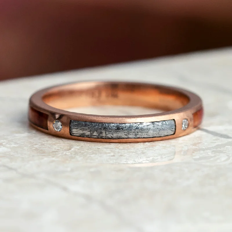 women's bridal set engagement rings-Meteorite And Tulipwood Wedding Band, Diamond Ring In Rose Gold