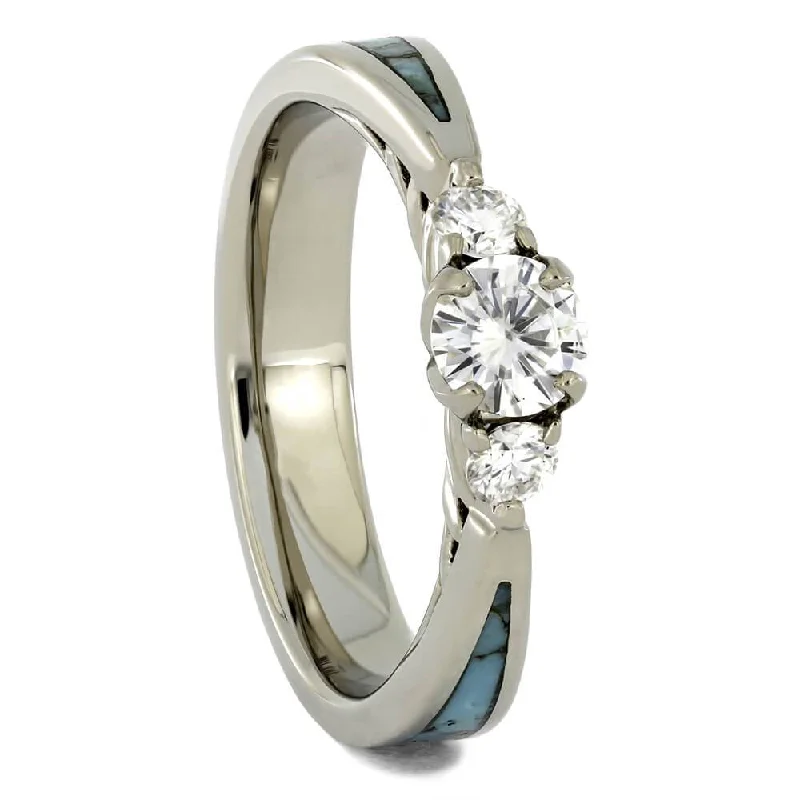 women's alternative engagement rings-Genuine Turquoise & Three Stone Moissanite Engagement Ring