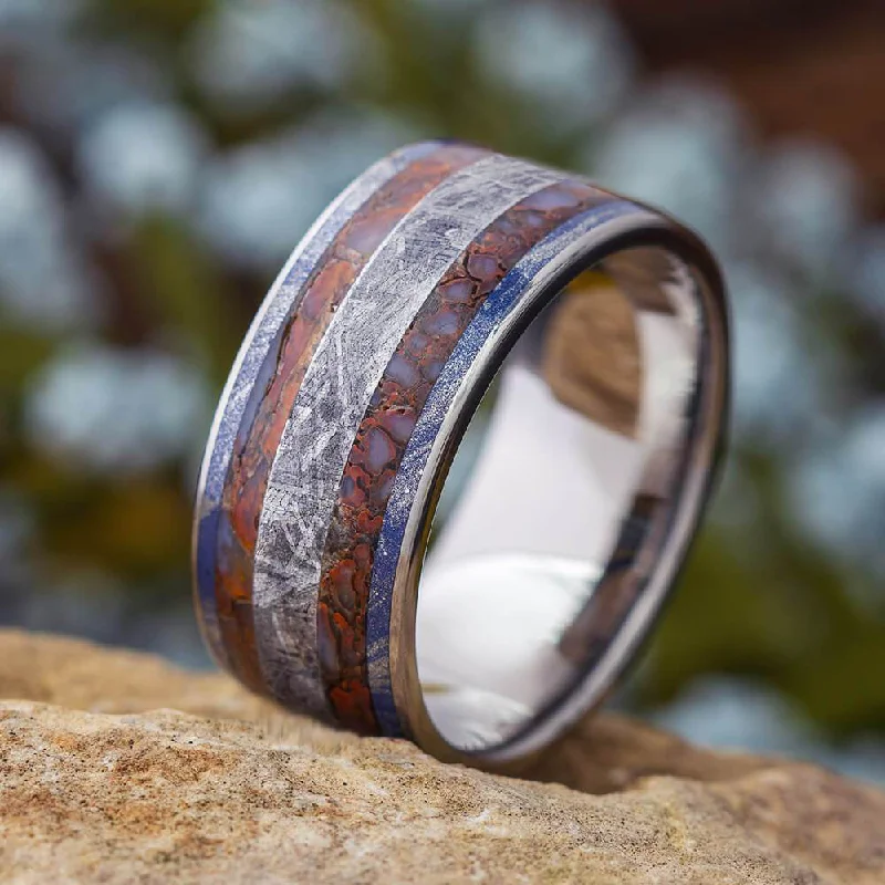 women's unique rings-Mens Wedding Band With Meteorite And Dinosaur Bone, Fossil Ring