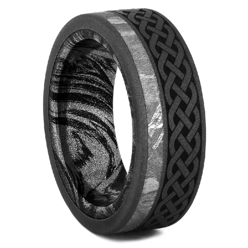 women's customized engagement rings-Meteorite Men's Wedding Band with Celtic Pattern and Mokume Sleeve