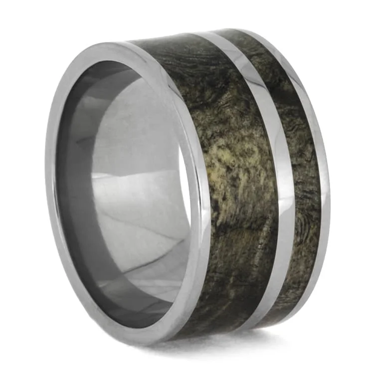 women's two-tone engagement rings-Wide Buckeye Burl Wedding Band with Titanium Pinstripe