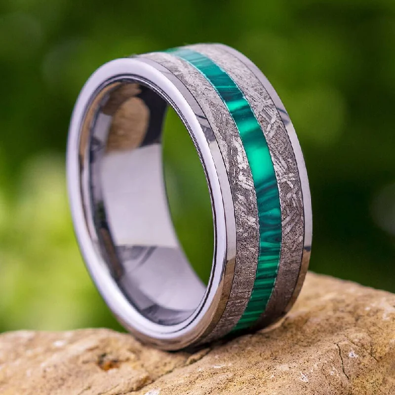 women's modern rings-Tungsten Men's Wedding Band with Malachite & Meteorite