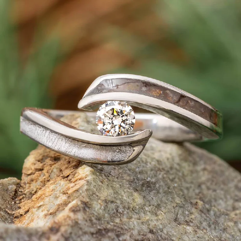 women's unique engagement rings-Diamond Engagement Ring with Meteorite & Dino Bone