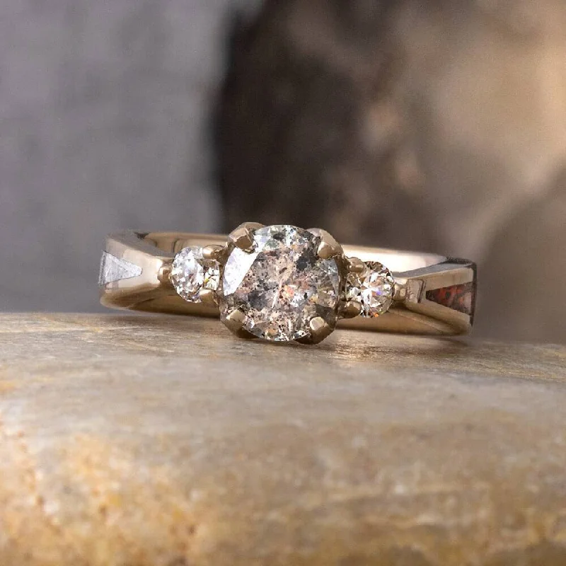 women's stylish rings-Salt & Pepper Diamond Engagement Ring with Dinosaur Bone & Meteorite