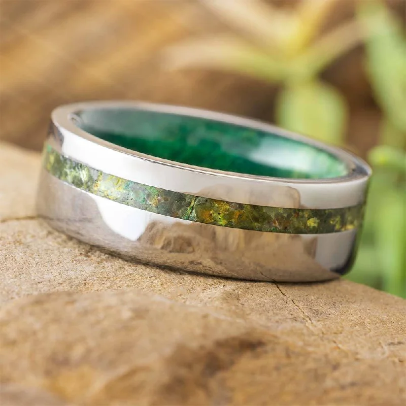 women's bold engagement rings-Chrysocolla and Green Box Elder Burl Wedding Band in Titanium