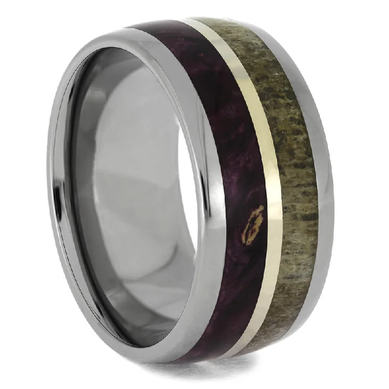 women's hypoallergenic engagement rings-Antler and Purple Wood Wedding Band with Gold Pinstripe