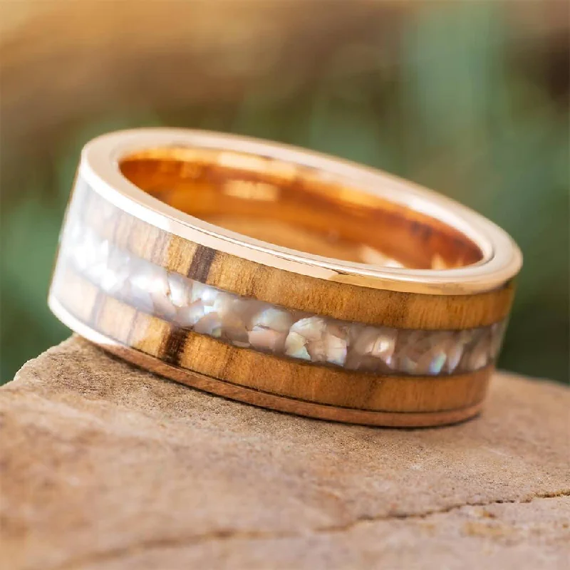 women's luxury engagement rings-Olive Wood and Pearl Wedding Band in Rose Gold