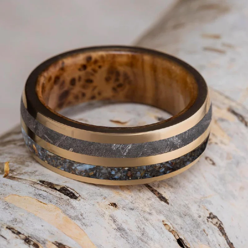 women's rose gold rings-Gold Wedding Band With Meteorite & Dinosaur Bone