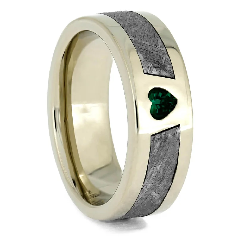 women's bold engagement rings-Emerald Heart White Gold Engagement Ring with Meteorite