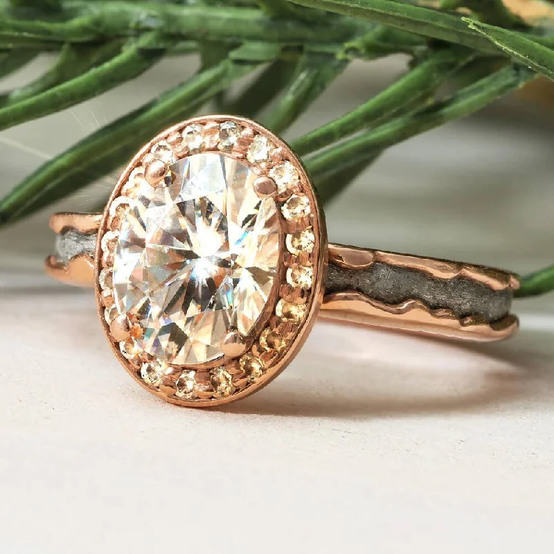 women's rustic engagement rings-Alternative Halo Engagement Ring With Meteorite Inlay