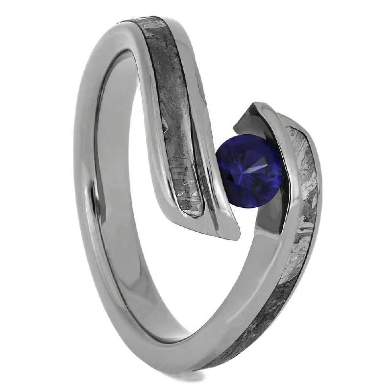 women's rustic engagement rings-Blue Sapphire Engagement Ring with Genuine Meteorite