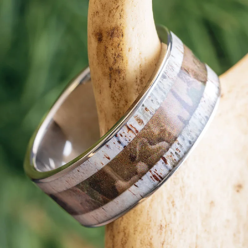 women's eco-friendly rings-Woodland Camo And Deer Antler Men's Wedding Band in Titanium