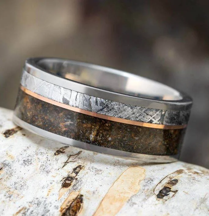 women's wishbone rings-Genuine Meteorite & Fossilized Dino Bone Ring With Offset Pinstripe