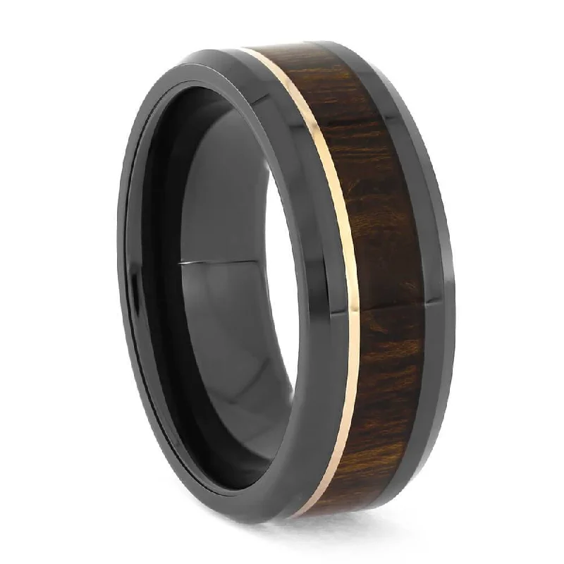 women's white gold engagement rings-Wood and Black Ceramic Wedding Band with Rose Gold Pinstripe