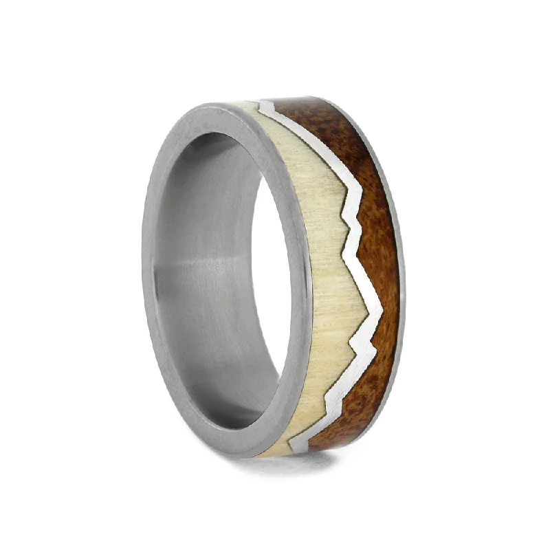 women's halo engagement rings-Men's Wood Wedding Band With Mountain Ring Design