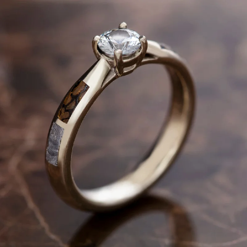 women's platinum rings-White Sapphire Engagement Ring with Meteorite in White Gold