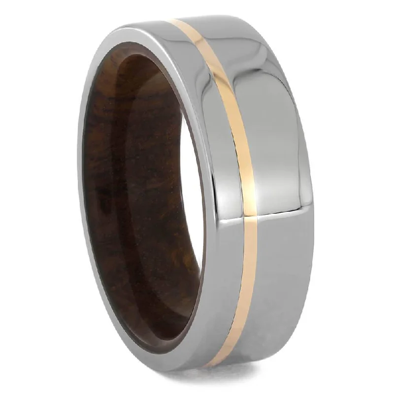 women's mixed metal engagement rings-Ironwood and Titanium Wedding Band with Rose Gold Accent