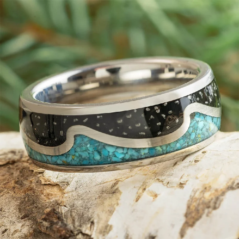 women's art deco engagement rings-Wavy Wedding Band with Crushed Turquoise and Meteorite Stardust