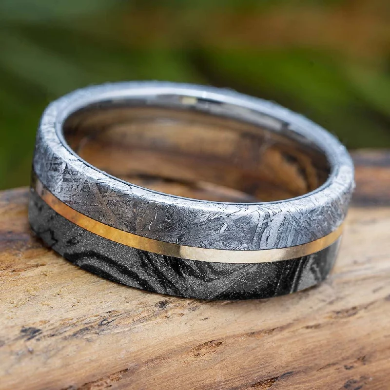 women's platinum rings-Meteorite & Mokume Gane Wedding Band With Gold Pinstripe