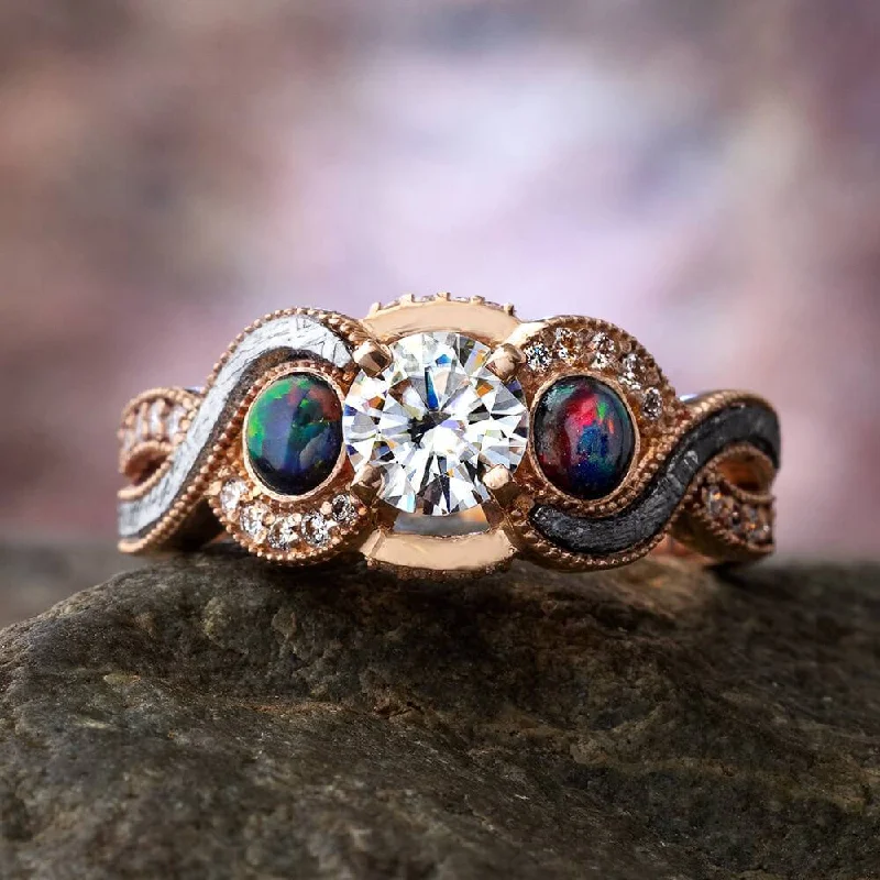 women's emerald engagement rings-Unique Black Opal, Moissanite & Meteorite Engagement Ring