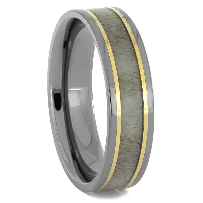 women's sun and moon engagement rings-Deer Antler Wedding Band with Two Yellow Gold Pinstripes