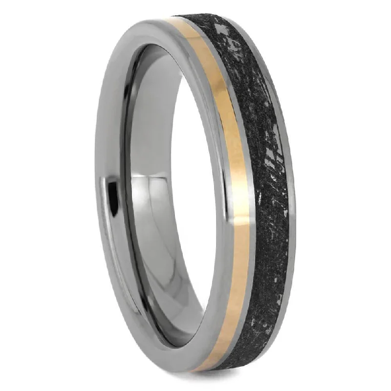 women's alternative engagement rings-Mimetic Meteorite Wedding Band with Gold Pinstripe