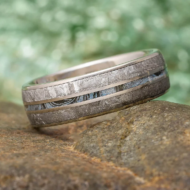 women's round engagement rings-Blue Meteorite Ring, Men's Wedding Band With Mokume Gane