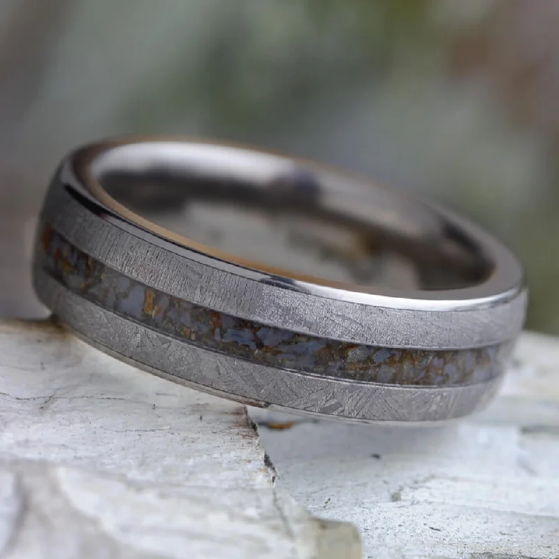 women's solitaire engagement rings-Gibeon Meteorite & Crushed Dinosaur Bone Wedding Band