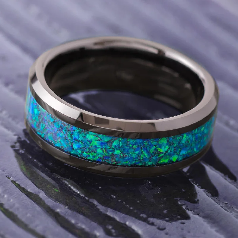 women's amethyst engagement rings-Black Ceramic & Blue Opal Men's Wedding Band