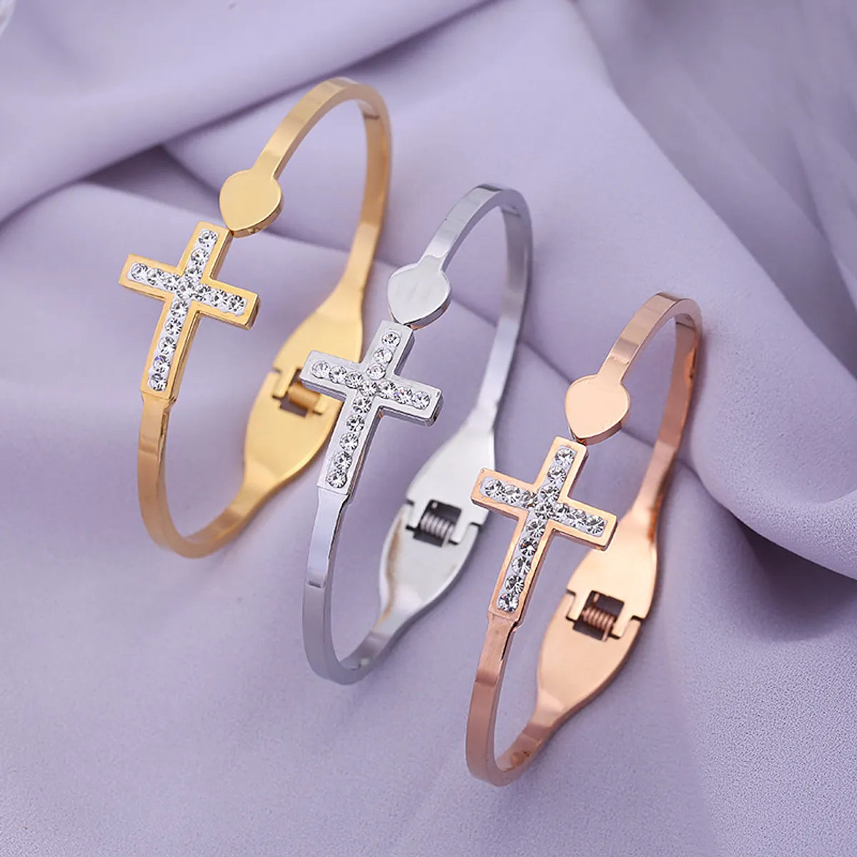 women's unique bangle bracelets-Wholesale Lady Cross Stainless Steel Artificial Gemstones Bangle