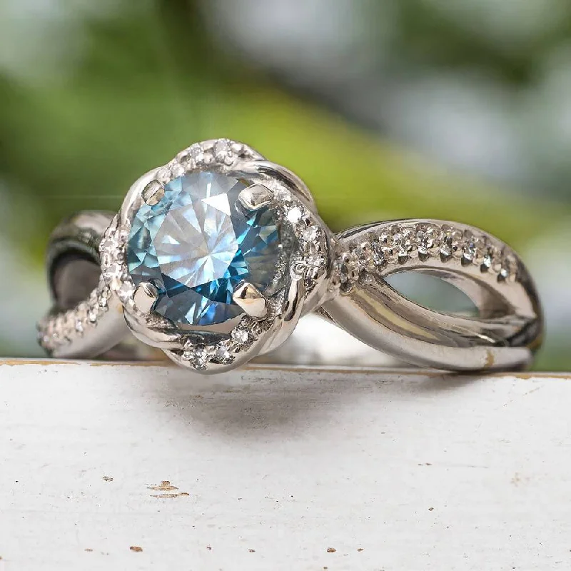 women's white gold engagement rings-Blue Topaz Engagement Ring with Deer Antler Inlay