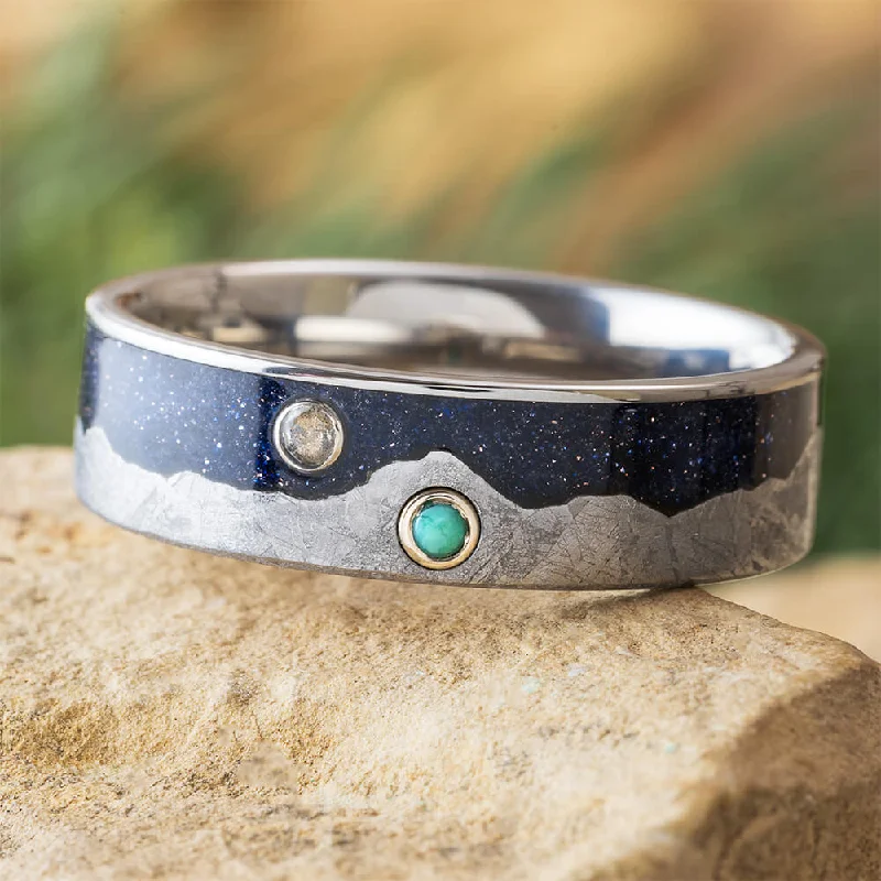 women's nature-inspired engagement rings-Unique Meteorite and Blue Goldstone Mountain Wedding Band